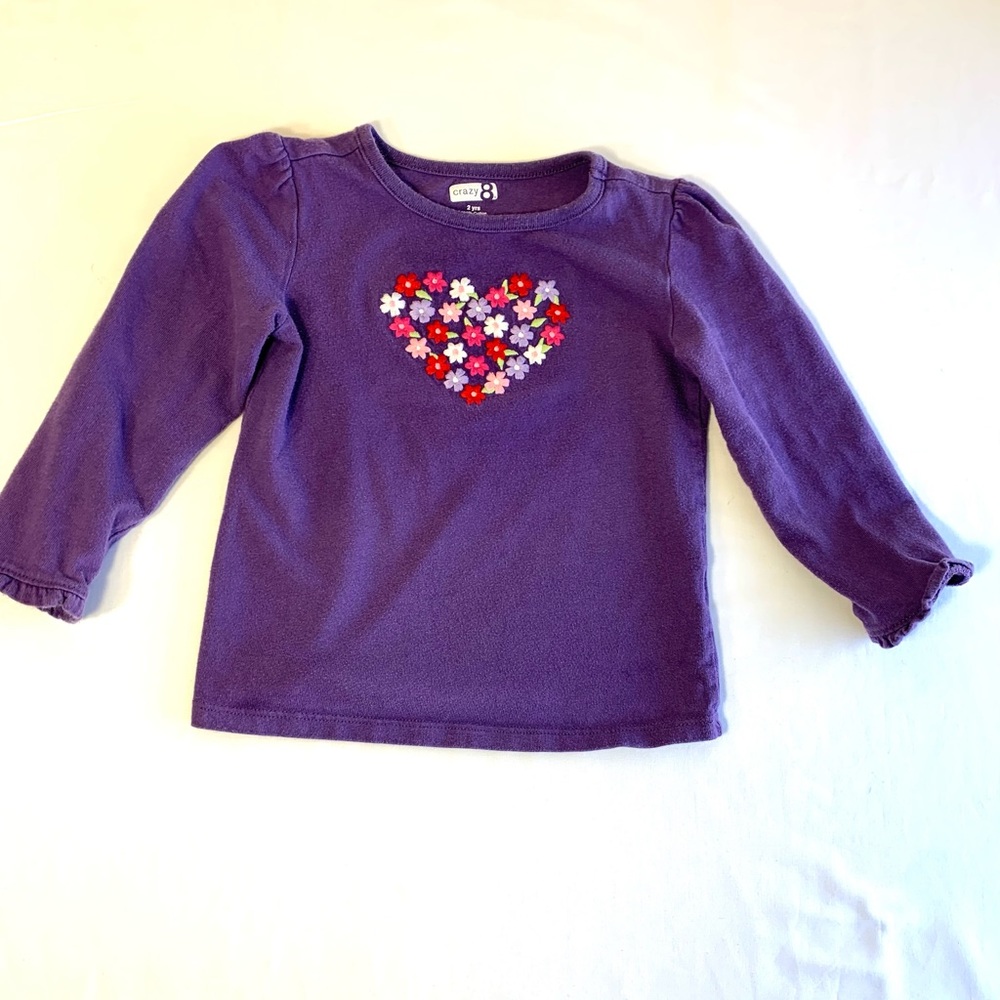 Girl size 2 years Crazy 8 purple long sleeve 100% cotton shirt flower heart
